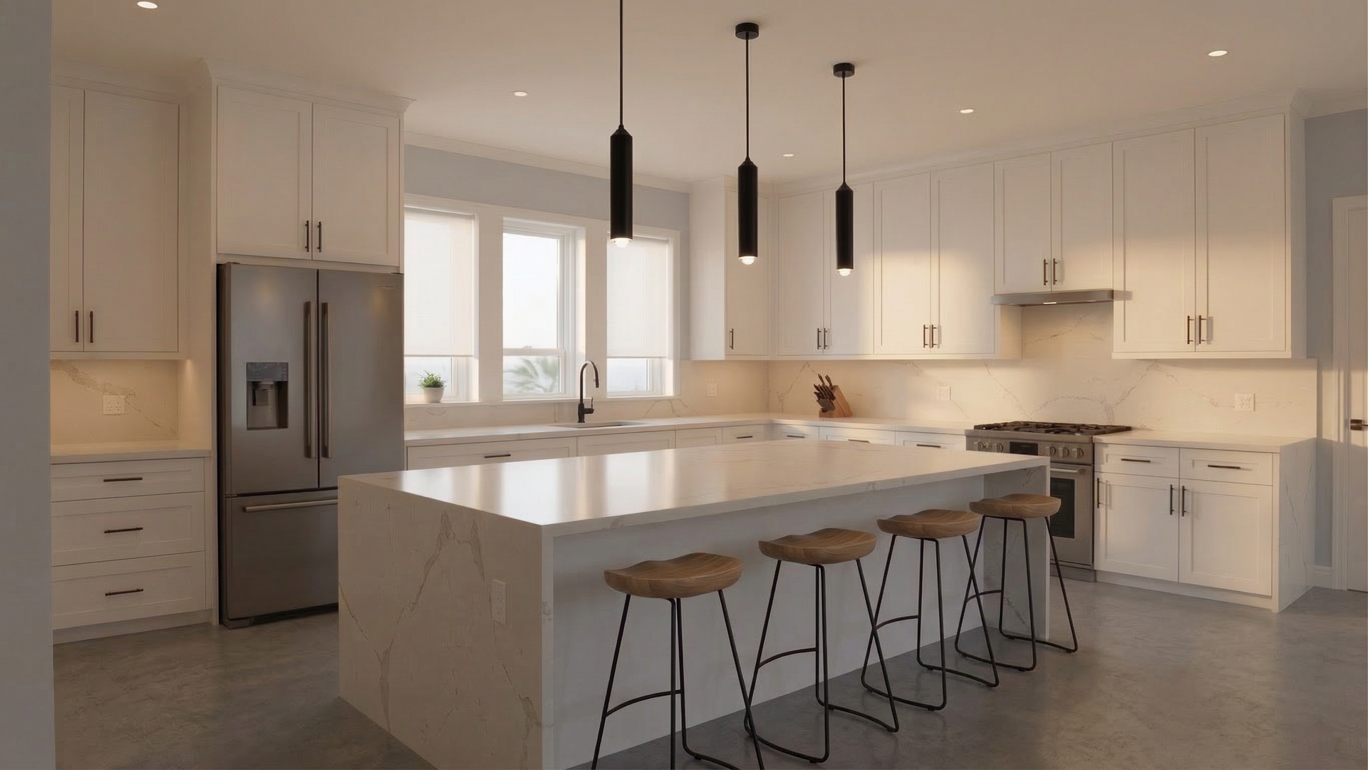 Newly renovated kitchen with white cabinetry and a quartz waterfall island